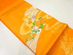 熨斗に牡丹・秋草模様織出し開き名古屋帯（額縁仕立て）